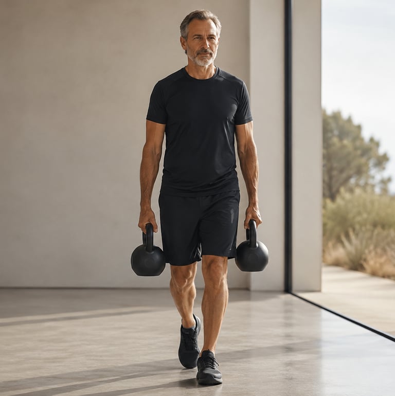Homme exécutant un Farmer Walk à l'aide de Kettlebells