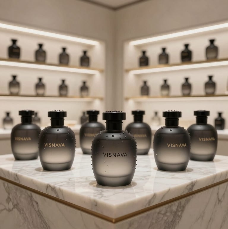 Close-up of artisan hands carefully blending rare fragrance oils in a softly lit studio.