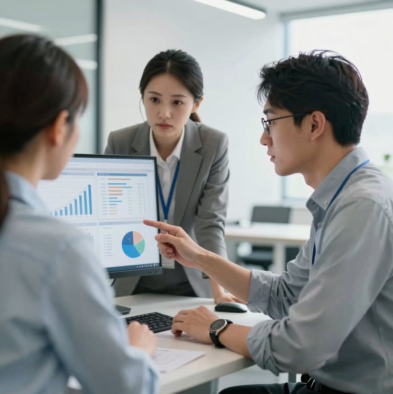 Two corporate campaign experts working in a bright office reviewing analytics on a screen, professional and clean environment.