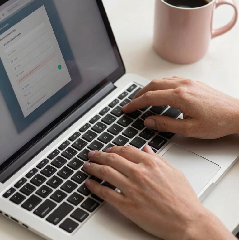 A high-angle photograph of a person's hands neatly organizing digital files on a modern laptop screen, set against a soft off-white desk with a muted rose pink coffee mug.