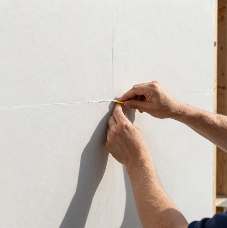 Close-up portrait shot of a skilled tradesperson meticulously taping drywall seams, clean white dust, bright natural daylight, high-contrast, sharp focus