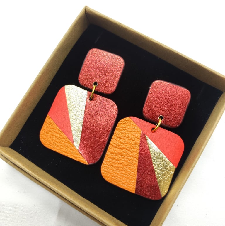 boucles d'oreilles en marqueterie de cuir modèle Vanessa orange or et rouge