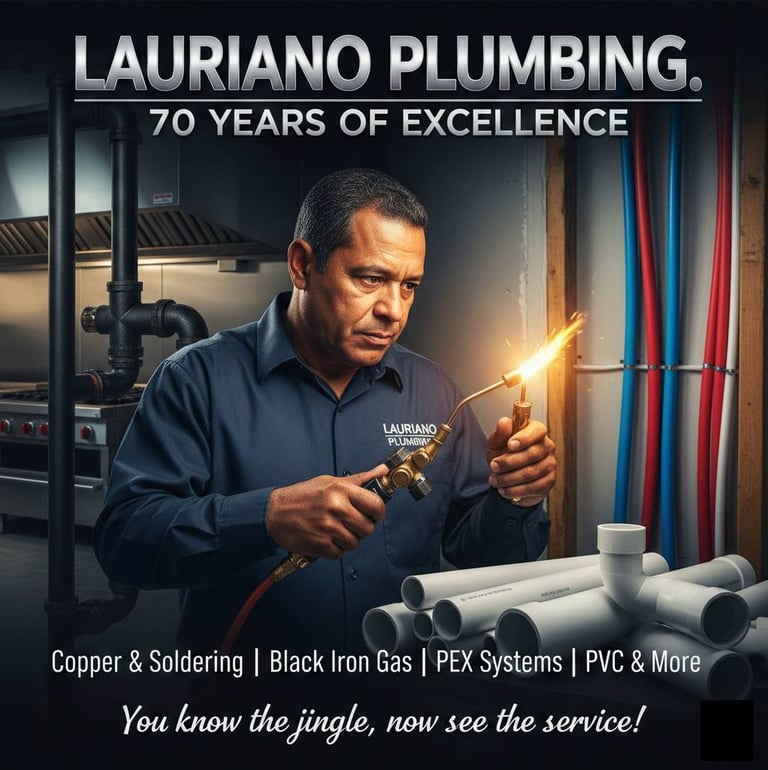 Professional plumber at Lauriano Plumbing soldering copper pipes near black iron and PVC systems.