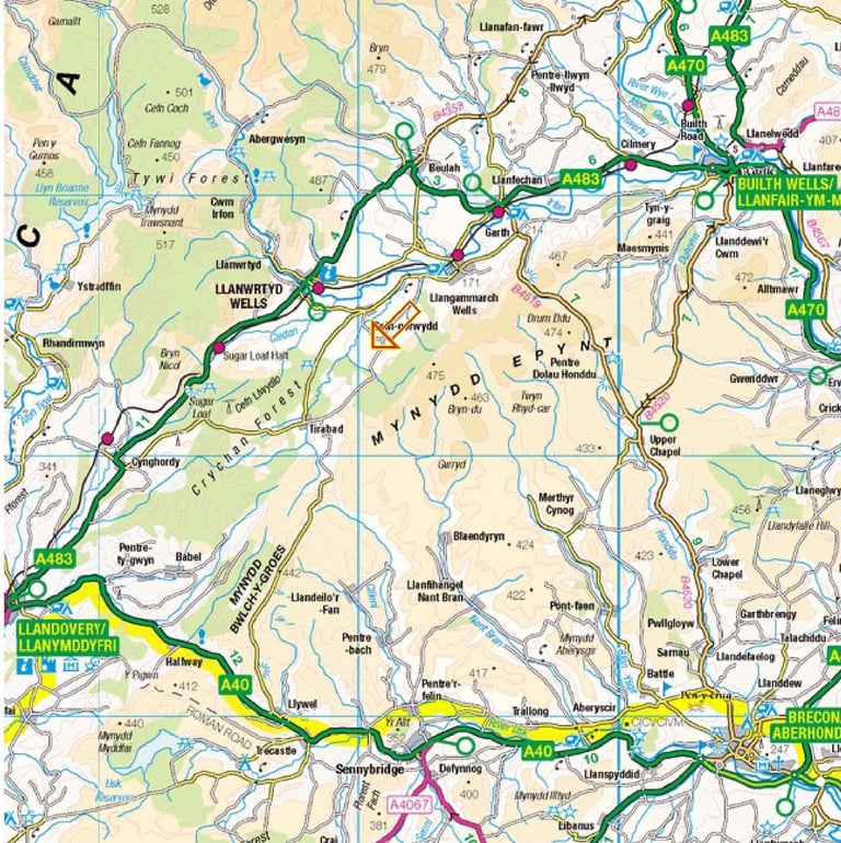 Map of Mid Wales showing Llanwrtyd Wells