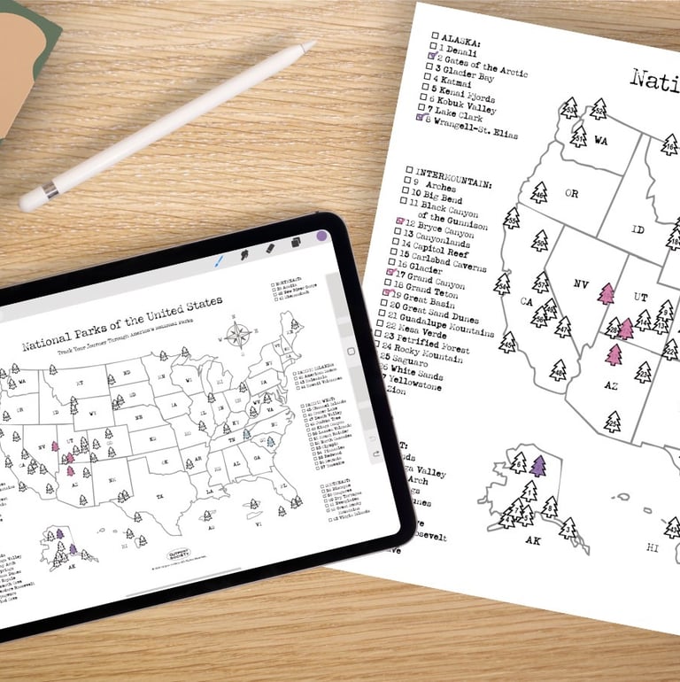 Printable National Parks Map Checklist showing all 63 parks