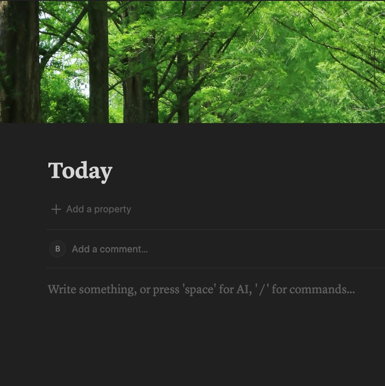 Digital planner interface featuring a lush green forest banner and a dark mode productivity workspace.