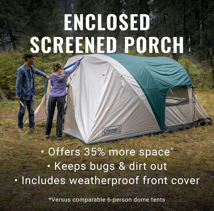 Family setting up Coleman instant cabin camping tent, easy set up family camping tent