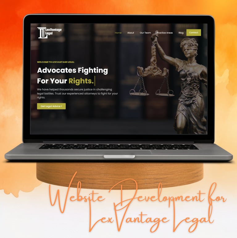 Laptop displaying law firm website for LexVantage Legal, focused on professional web development.