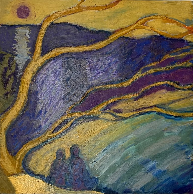 a painting of a tree over two figures looking down to the coastline and mountain