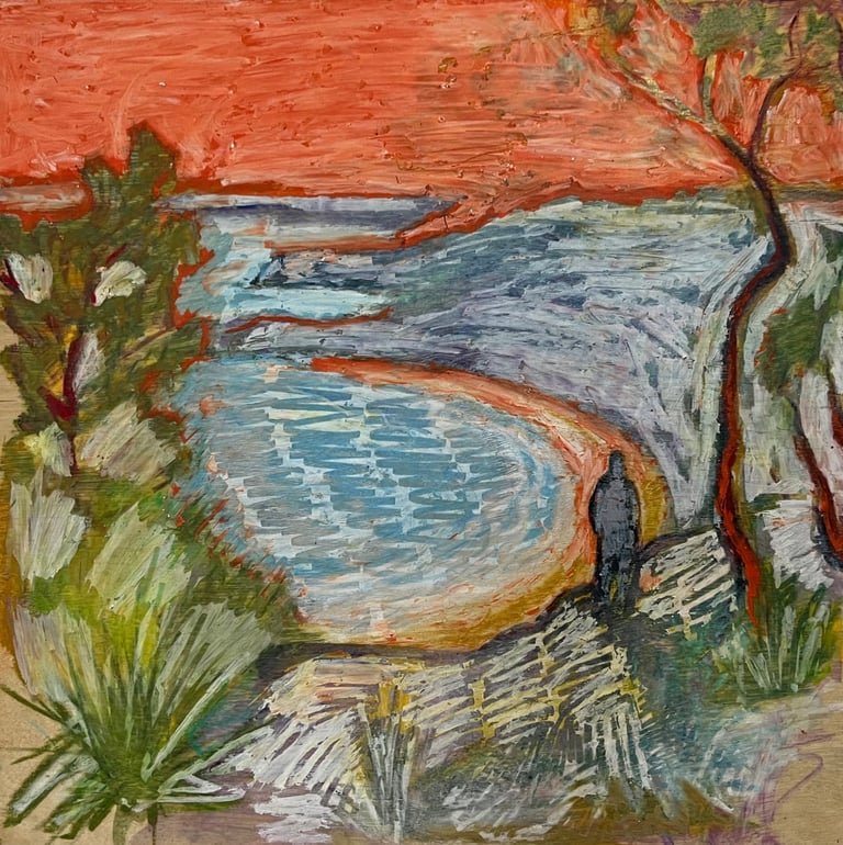 an oil pastel drawing of a person looking out over coastline and mountain