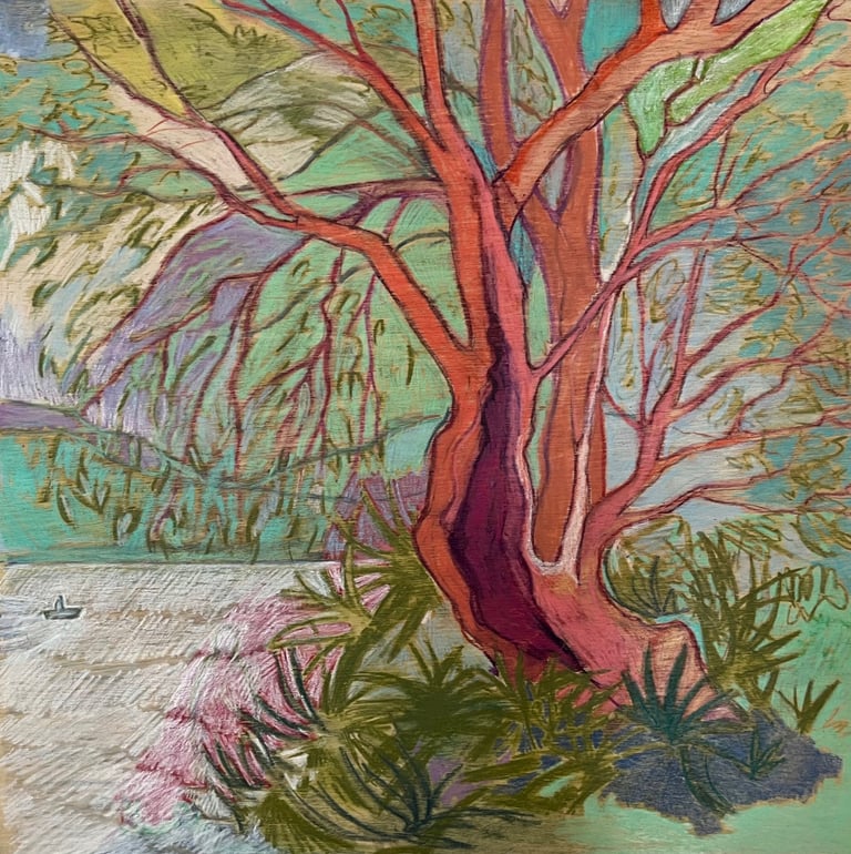 a painting of a tree which has been burnt which is still growing