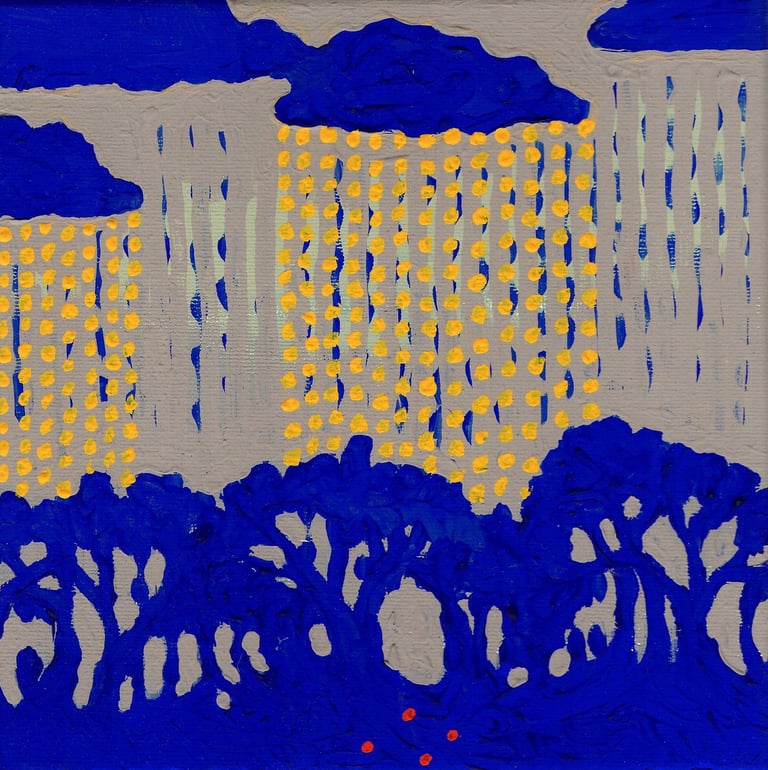 a painting of rain falling from clouds to trees below with four seeds
