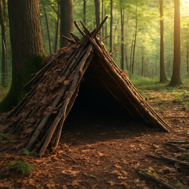 A Frame shelter made from logs in forest with sunlight shining through