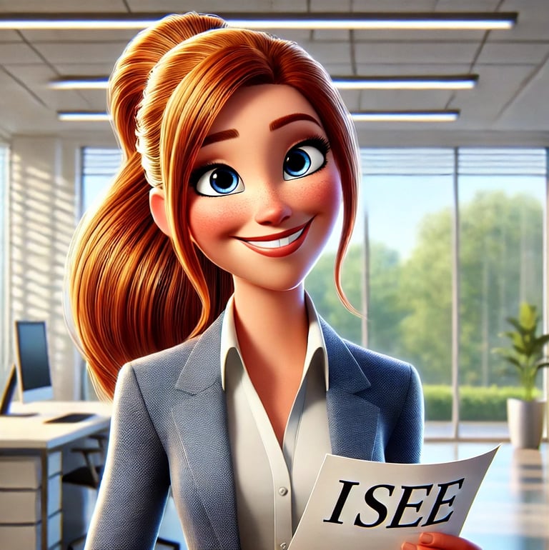 Persona in abito da lavoro che tiene un documento con la scritta 'ISEE' in un ambiente d'ufficio con finestre e mobili 
