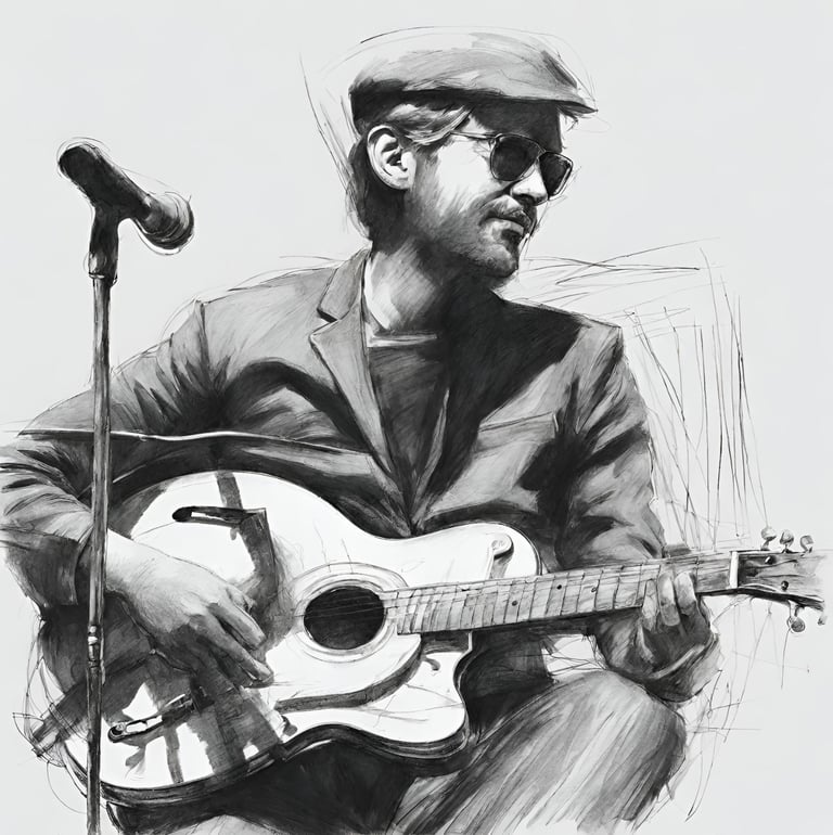 a man with a guitar and a microphone