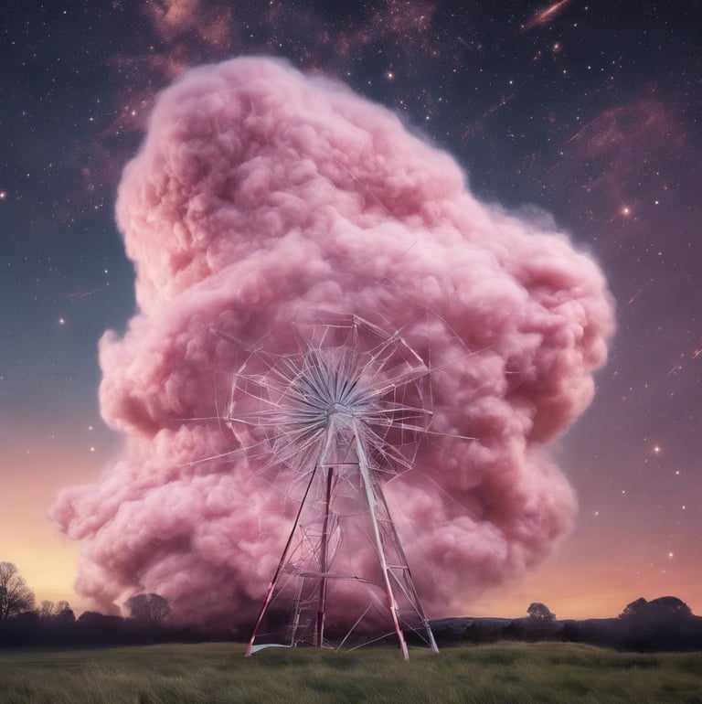 a windmill with a pink candy floss cloud in the sky