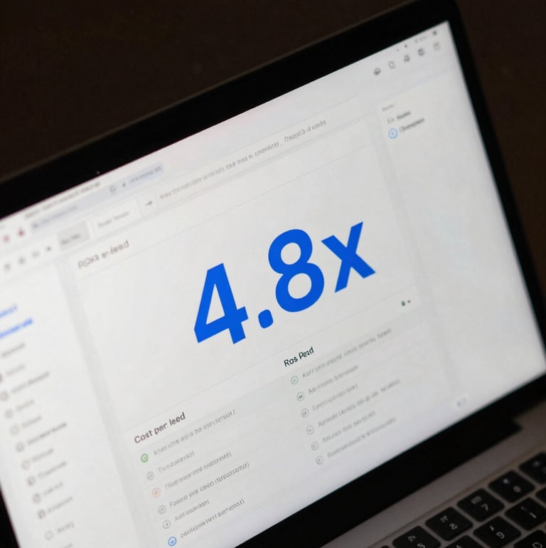 Overhead close-up of a laptop screen displaying an ad campaign dashboard — ROAS metric at 4.8x highlighted in electric blue, cost-per-lead column visible, dark interface, studio strobe lighting, tight crop, no person visible