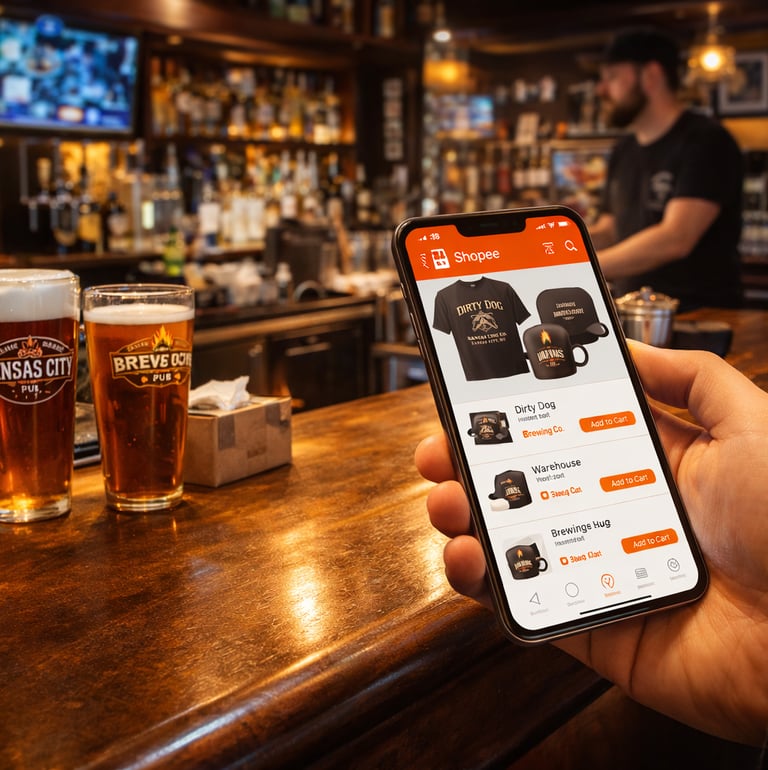 Customer holding phone at bar showing drink selection and ordering concept