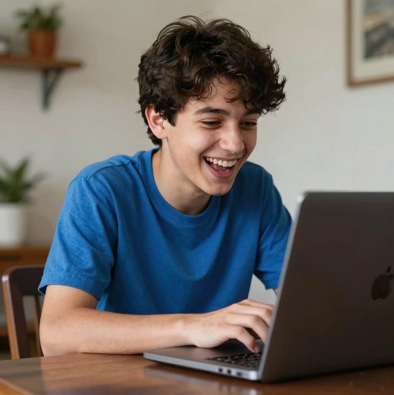 Vibrant and natural photography of a Chilean teenager laughing while looking at a laptop at home, representing a positive and playful approach to modern mental health support.