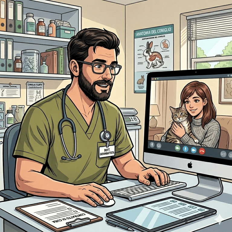 Immagine di un veterinario davanti ad un computer che offre una consulenza di telemedicina veterinar