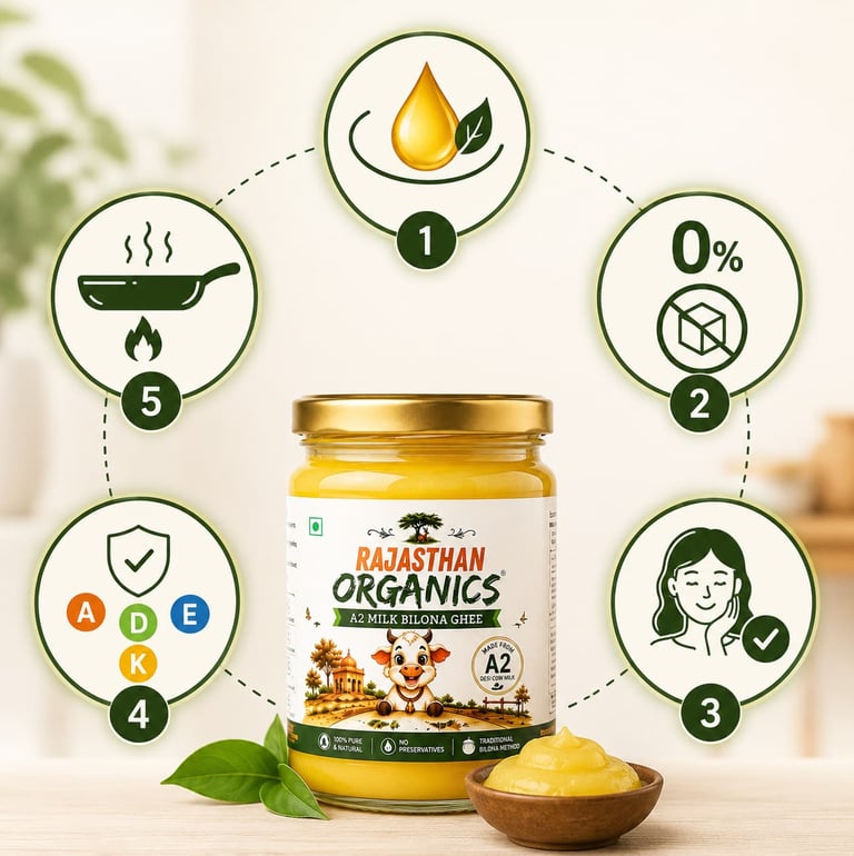 A jar of Rajasthan Organics A2 Milk Bilona Ghee with icons showing health benefits like high smoke point and vitamins.