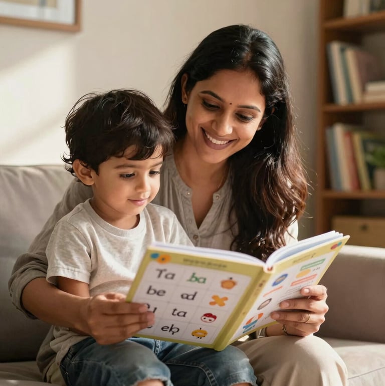 A South Asian / Indian mother smiling warmly as she sits with her young child, looking at a phonics worksheets book together in their cozy Mumbai home, beautifully lit by warm morning sunshine.