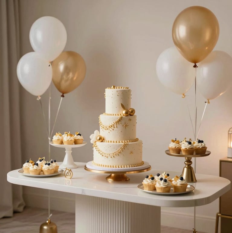 A beautifully designed birthday celebration setting, modern premium style, elegant dessert table with a tiered cake embellished with gold details, delicate balloons, soft warm lighting, Gulf style sophistication.