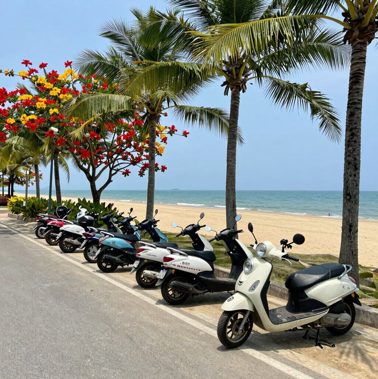 A colorful lineup of cars parked near a sunny beach with coconut trees and blooming tropical flowers under a clear blue sky.