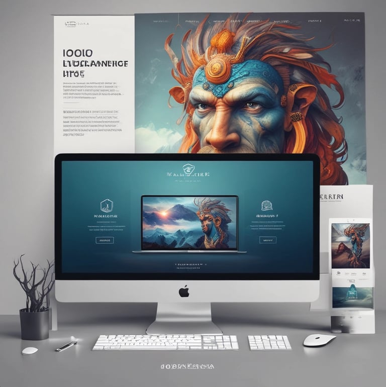 A modern workspace featuring a laptop displaying a vibrant website with deep navy and electric blue accents.