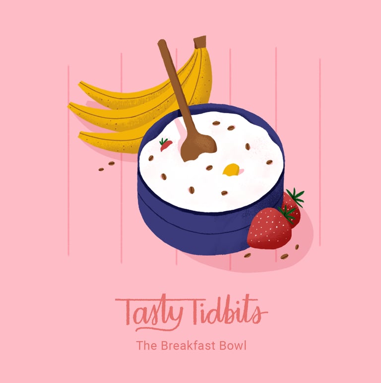 a bowl of food with bananas and a spoon illustration