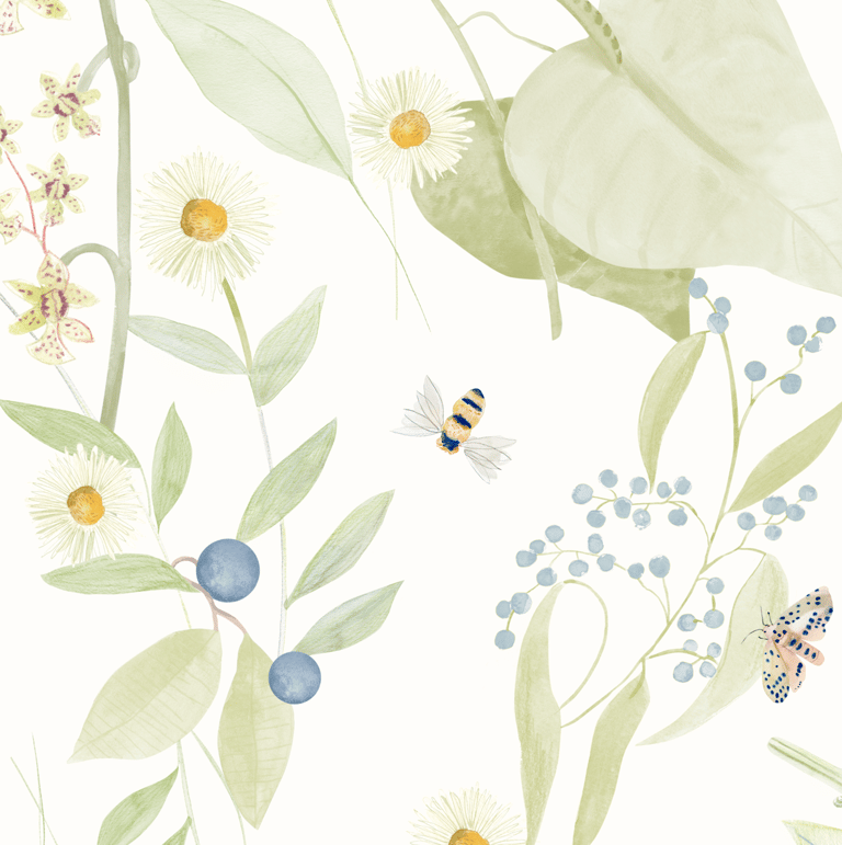 Estampa infantil, com vegetação, margaridas, orquídeas, abelhas e frutas pintadas a mão em aquarela