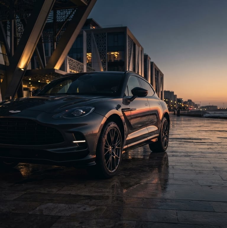 Modern, high-end SUV, dark grey metallic paint, parked elegantly in front of a modern Casablanca building with architectural lines, dramatic low-key lighting, golden hour reflection on the paint, wide angle, low perspective, bleeding to the right edge.
