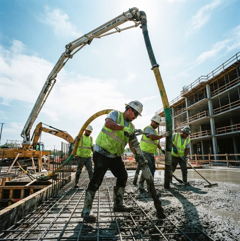 Active commercial job site, low-angle heroic shot of a concrete pour, harsh direct midday sun, high-contrast cool blue and safety green tones, sharp detail, 35mm lens