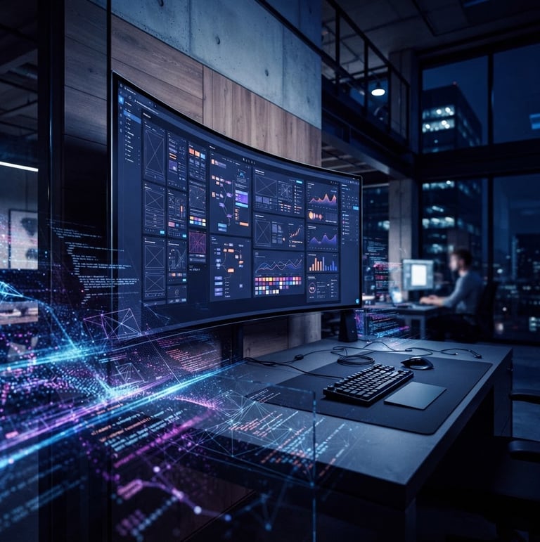 Wide cinematic shot of a modern architectural workspace, a high-fidelity UI/UX mockup on a large screen, with abstract digital textures representing data and code in the foreground. Deep blue and purple ambient lighting, high contrast, cinematic depth of field, 35mm.