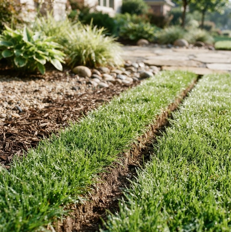 Sharp close-up of freshly edged turf, dew on grass, bright morning light, 35mm, high-end residential landscaping, Columbus, Ohio