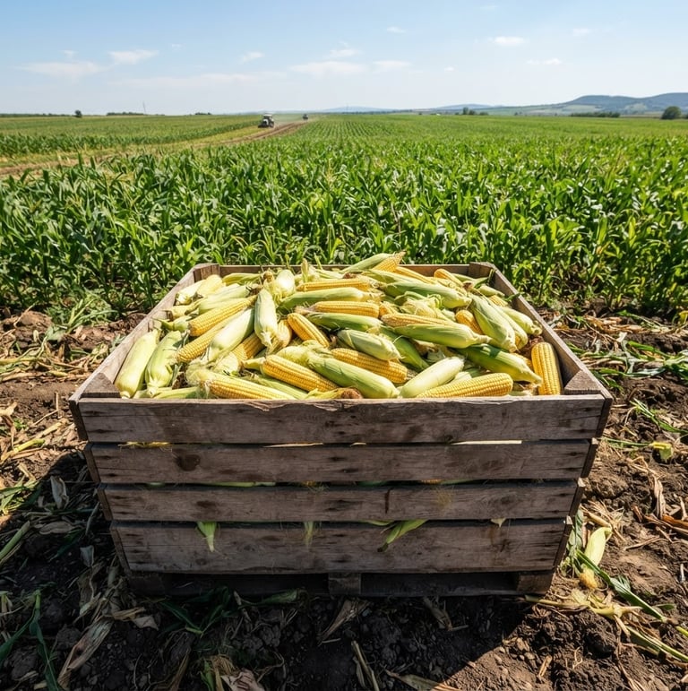 Freshly harvested maize cobs in a wooden crate, bright direct sunlight, rich green field in background, commercial agriculture photography, wide-angle lens