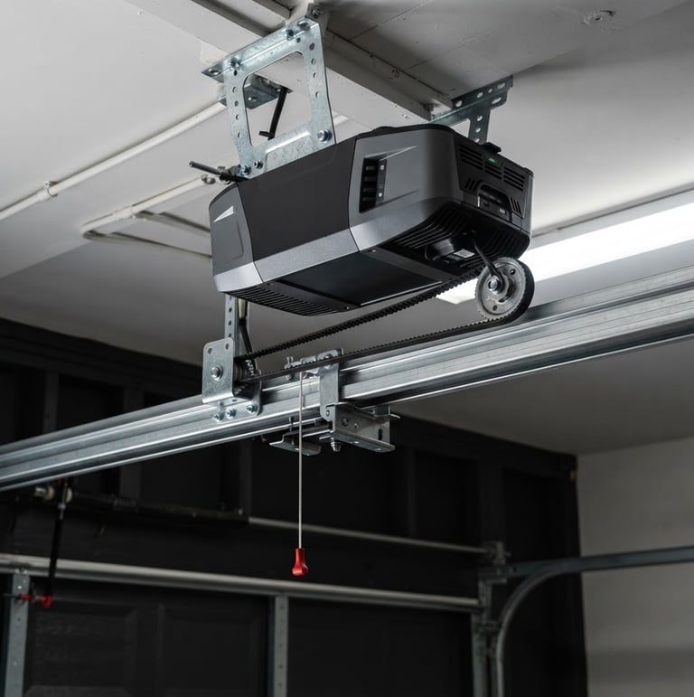 Clean close-up of a modern smart garage door opener unit, belt drive visible, mounted in a well-lit residential garage, crisp details, high-contrast, 35mm lens.