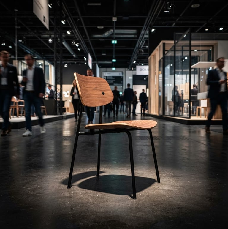 Primer plano de una silla de diseño moderno de metal y madera, con líneas limpias, iluminación dramática de exposición, en un pabellón ferial activo. Fotografía arquitectónica, alto contraste.