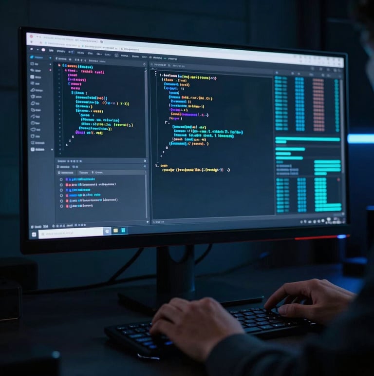 Sleek dark-mode tech photography, a developer's hands collaborating over a glowing code editor on a large monitor, with abstract data streams in the background, dramatic neon blue and cyan lighting, high-contrast premium aesthetic, sharp focus, 35mm lens, portrait orientation