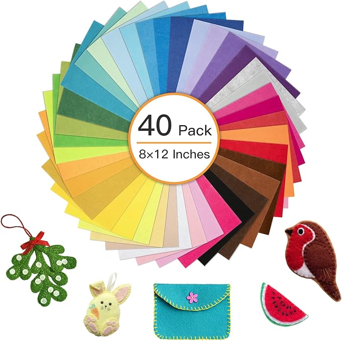 40 colorful 8x12 inch felt fabric sheets for sewing and crafts – assorted colors, thick and easy 