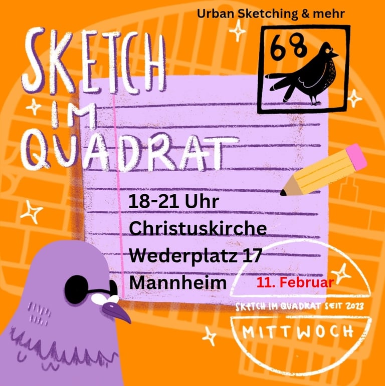 Flyer Urban Sketching in Mannheim, Quadratestadt, Taube mit Sonnenbrille 11.02.2026