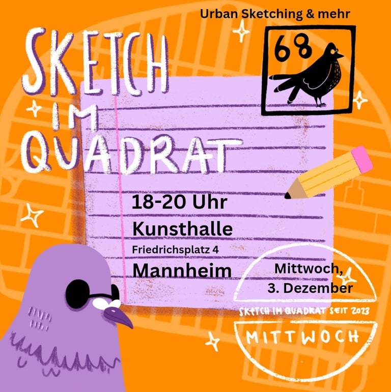 Flyer sketch im quadrat orange lila, tauben, Kunsthalle mannheim