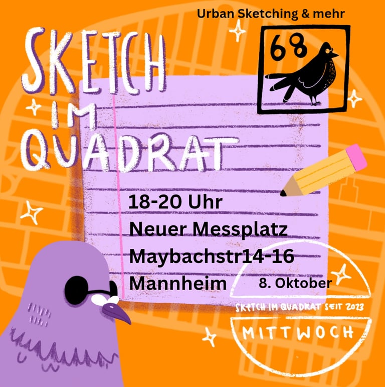 Orangener flyer mit tauben die sonnenbrillen tragen urban sketching in mannheim am mneuen messplatz