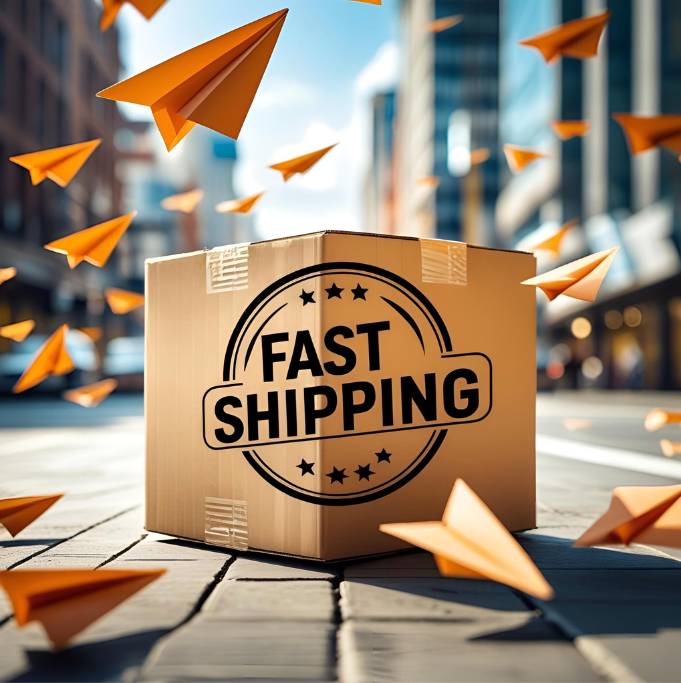 Cardboard box with FAST SHIPPING on the side waiting to be shipped.