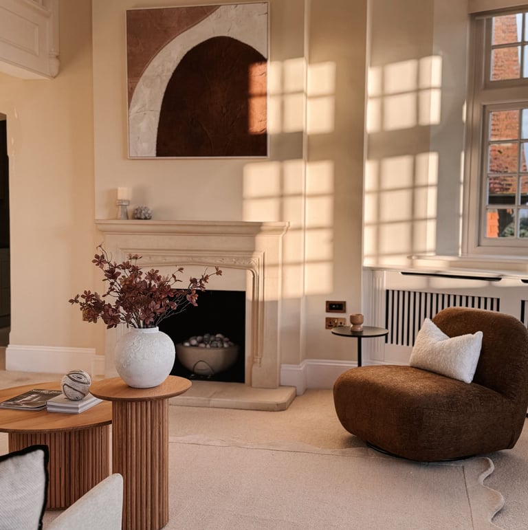 Modern, contemporary staged living room using neutral furnishings in a Surrey home