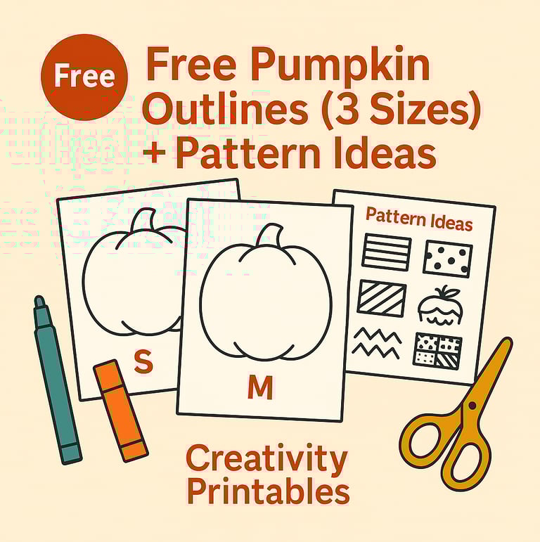 Free printable pumpkin outlines in three sizes with pattern ideas sheet, shown with craft supplies.