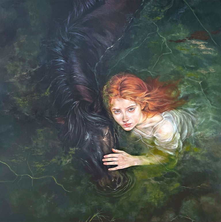 Ethereal painting of a redhead woman in a white dress wading in dark water with a black horse.