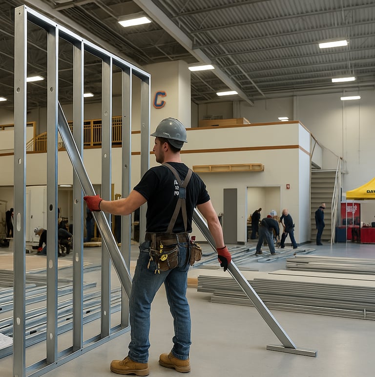 a man in a construction site with a metal frame