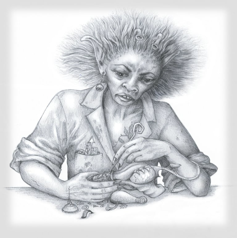 Evil scientist faerie working with leeches