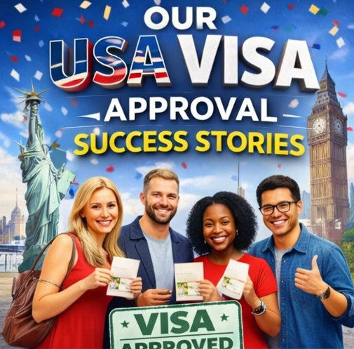 "USA visa approval success stories banner with happy applicants holding passports and visa approved
